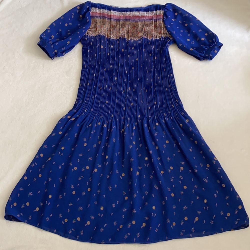 Vintage | Puff Sleeve Accordion Pleat Drop Waist Midi Dress Blue Floral Boho
